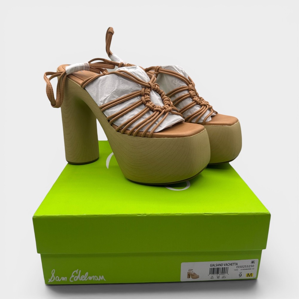 Sam Edelman Gia Platform Sandals Womens 9M Sand Vachetta Leather Wood Block Heel - Picture 2 of 16
